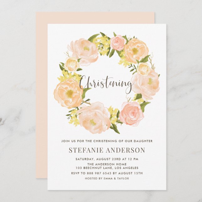 Invitation Aquarelle Orange Peony Wreath Christing (Devant / Derrière)