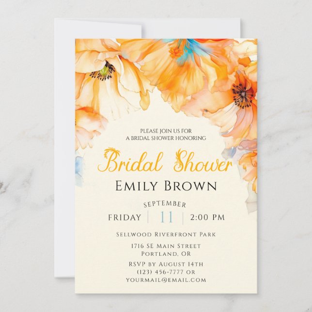 Invitation Aquarelle Orange Poppy Bloom douche nuptiale (Devant)