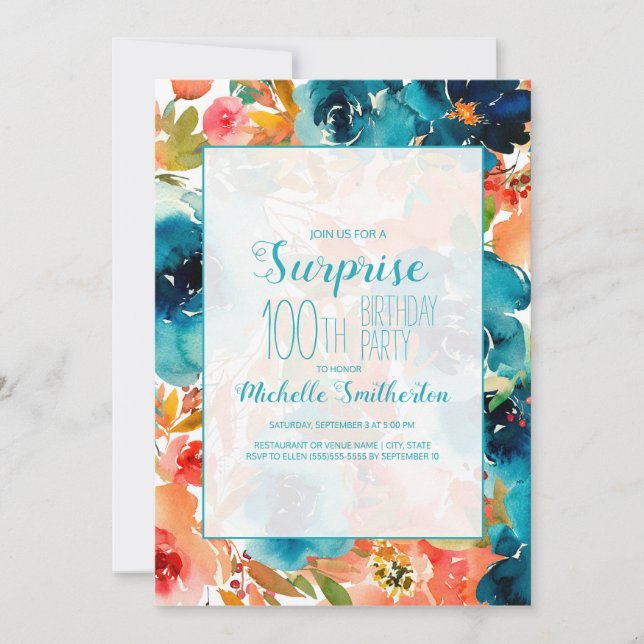 Invitation Aquarelle orange turquoise Florale 100e anniversai (Devant)