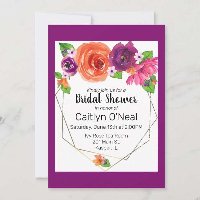 Invitation Aquarelle Orange violet rose Floral Or Frame (Devant)