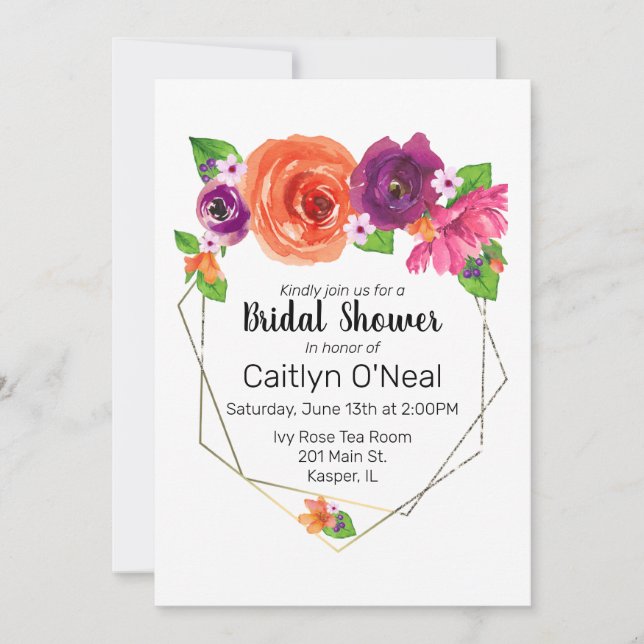 Invitation Aquarelle orange violet rose Floral Or Frame (Devant)