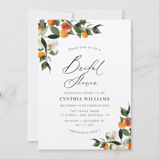Invitation aquarelle oranges agrumes kraft douche nuptiale (Devant)
