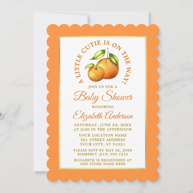 Invitation Aquarelle Oranges Petite Cutie Gold Frame Douche (Devant)