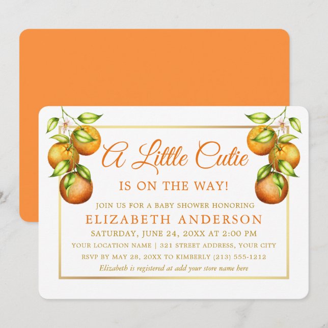 Invitation Aquarelle Oranges Un petit Baby shower en or Cutie (Devant / Derrière)