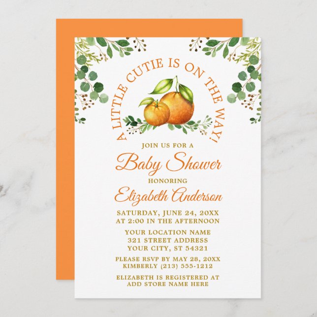 Invitation Aquarelle Oranges Verdure Un Peu Douche Cutie (Devant / Derrière)