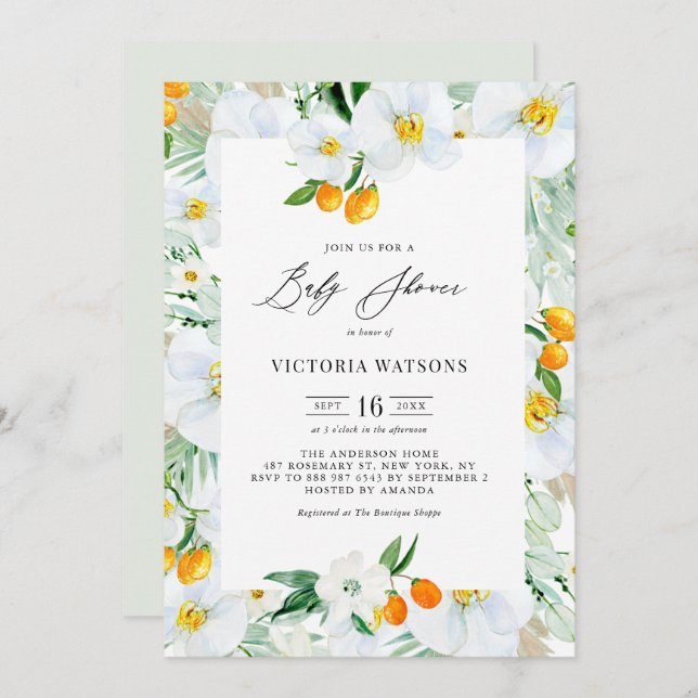 Invitation Aquarelle Orchidées et Baby shower d'été Kumquats (Devant / Derrière)