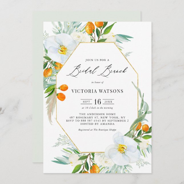 Invitation Aquarelle Orchidées & Kumquats Frame Bridal Brunch (Devant / Derrière)