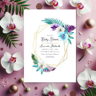 Invitation Aquarelle Orchidées tropicales Baby shower géométr