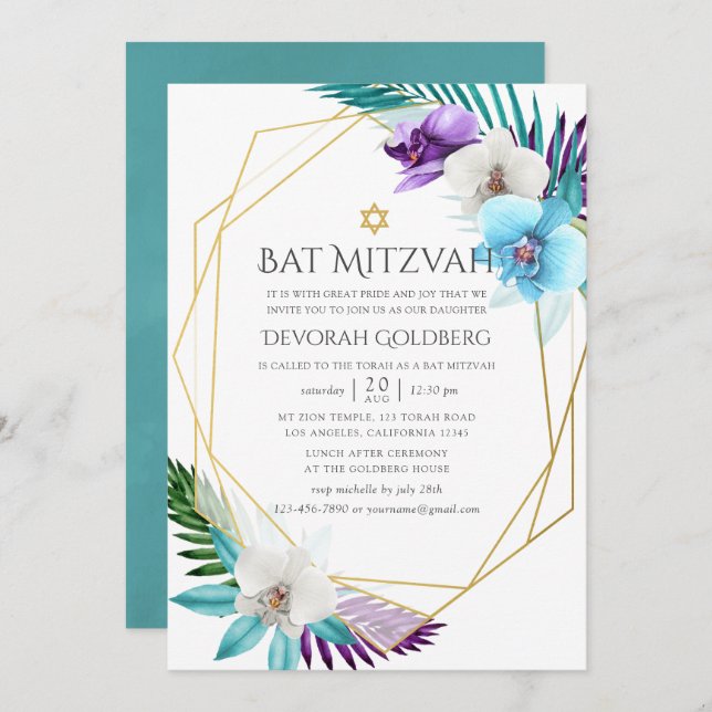 Invitation Aquarelle Orchidées tropicales Bat mitzvah géométr (Devant / Derrière)