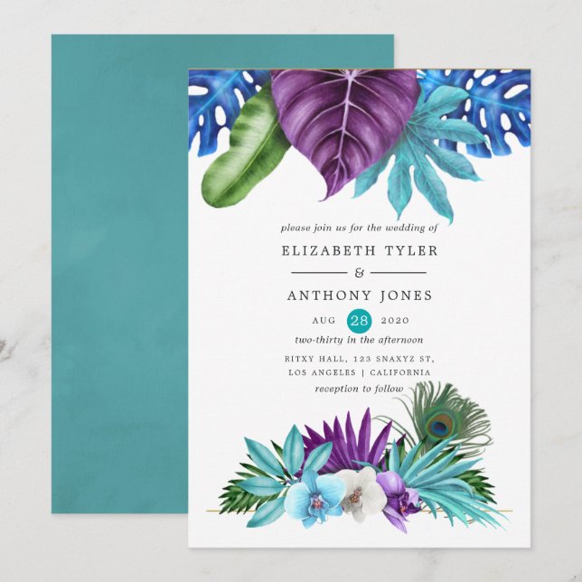 Invitation Aquarelle Orchidées tropicales Mariage Peacock (Devant / Derrière)