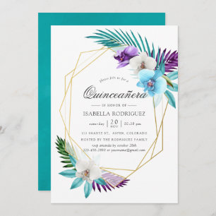 Invitation Aquarelle Orchidées tropicales Quinceañera géométr