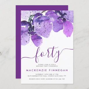 Invitation Aquarelle Orchidées Violet Quarantième anniversair