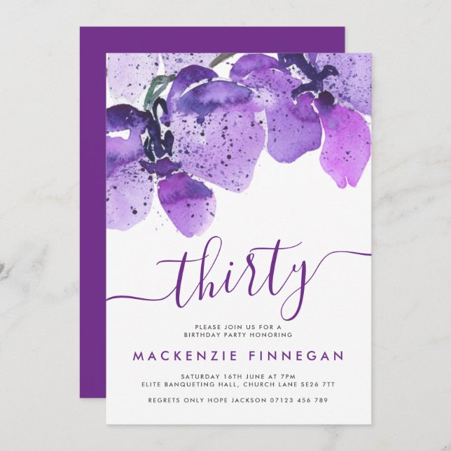 Invitation Aquarelle Orchidées Violet Trente Anniversaire (Devant / Derrière)