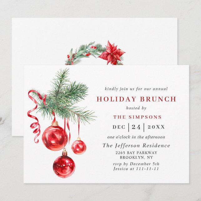 Invitation Aquarelle Ornement NOËL VACANCES BRUNCH (Devant / Derrière)