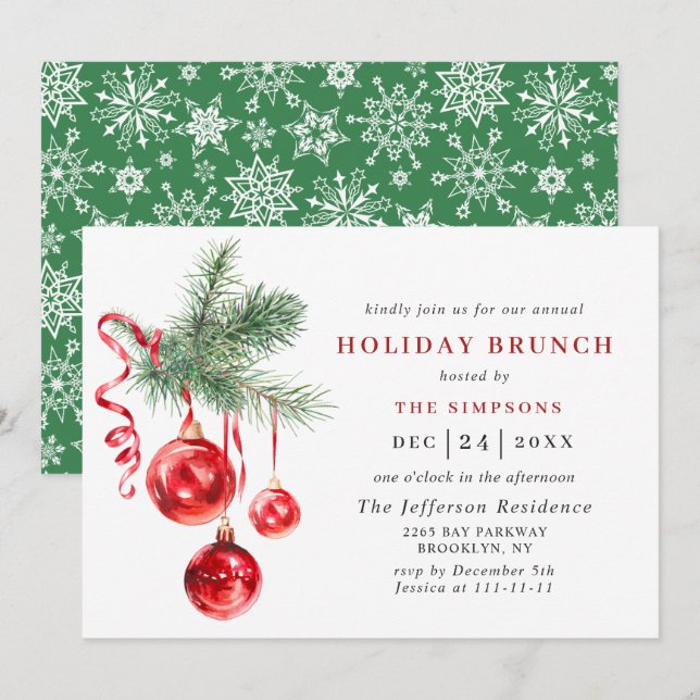 Invitation Aquarelle Ornement NOËL VACANCES BRUNCH (Devant / Derrière)
