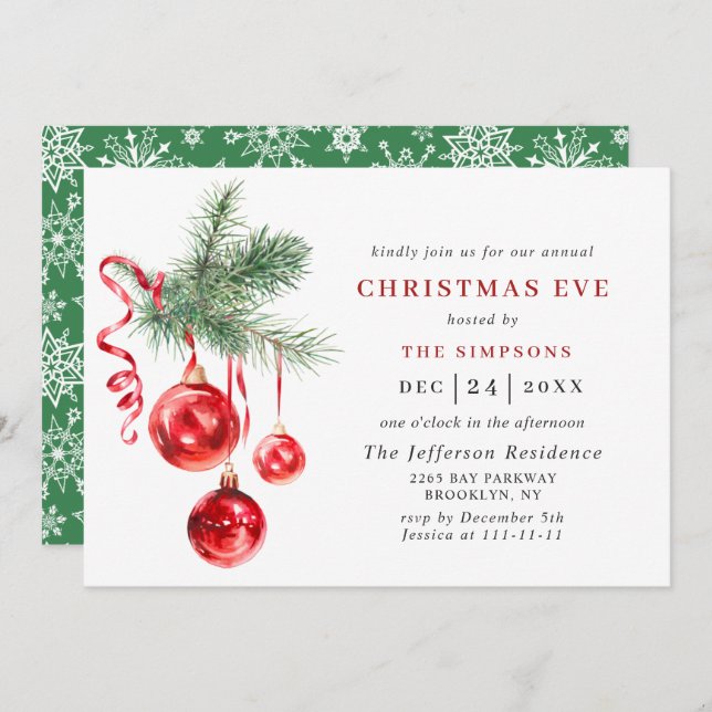 Invitation Aquarelle Ornement Vacances NOËL EVE (Devant / Derrière)