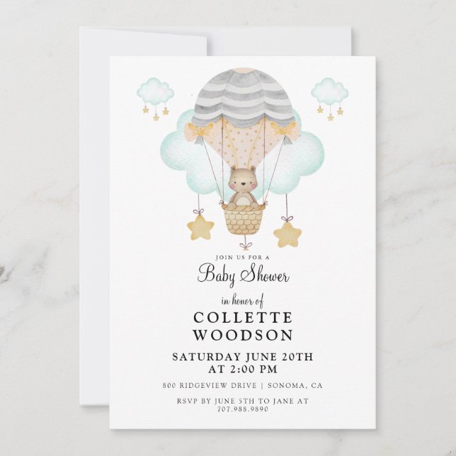 Invitation Aquarelle Ours à air chaud Baby shower Invita (Devant)