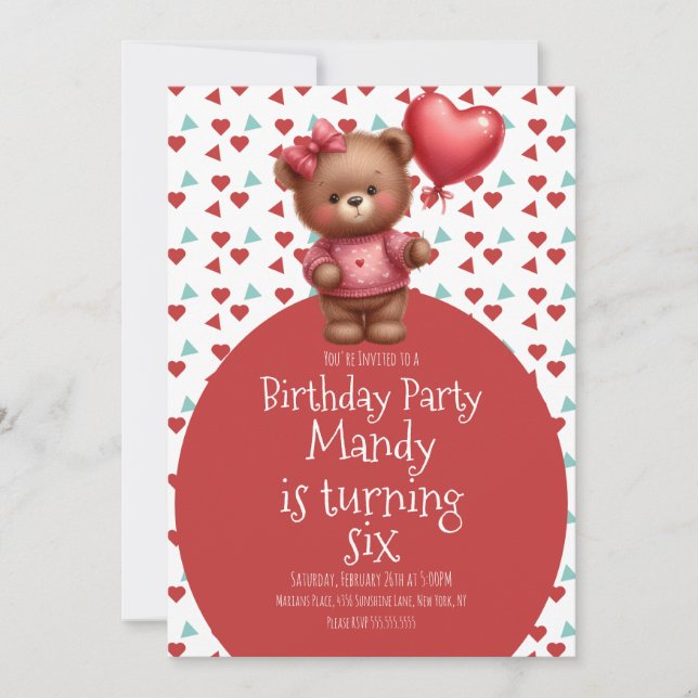 Invitation Aquarelle Ours Coeur Motif Balloon Anniversaire (Devant)