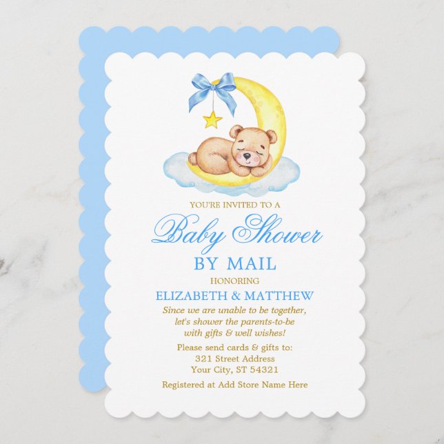 Invitation Aquarelle Ours Lune Bleu Douche Or par Mail (Devant / Derrière)