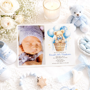 Invitation Aquarelle, Ours Teddy, Photo Boy Baptême