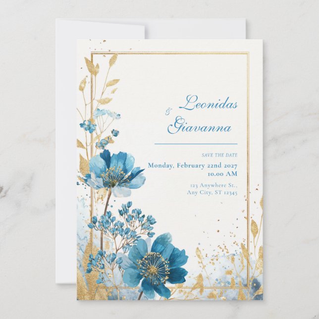 Invitation Aquarelle Pailletée Turquoise Azur Bleu Or (Devant)