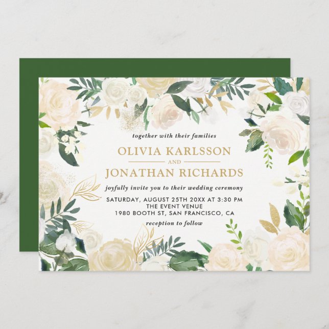 Invitation Aquarelle Pale Peonies Gold Accent Mariage (Devant / Derrière)