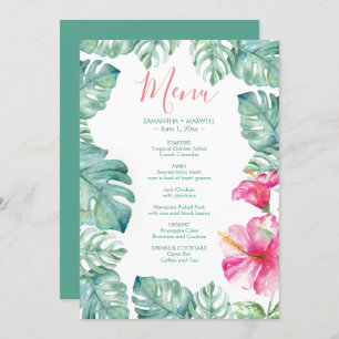 Invitation Aquarelle Palm Feuille Pink Hibiscus Tropus Menu