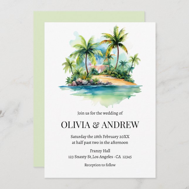 Invitation Aquarelle Palm Tree Beach Mariage de l'île tropica (Devant / Derrière)