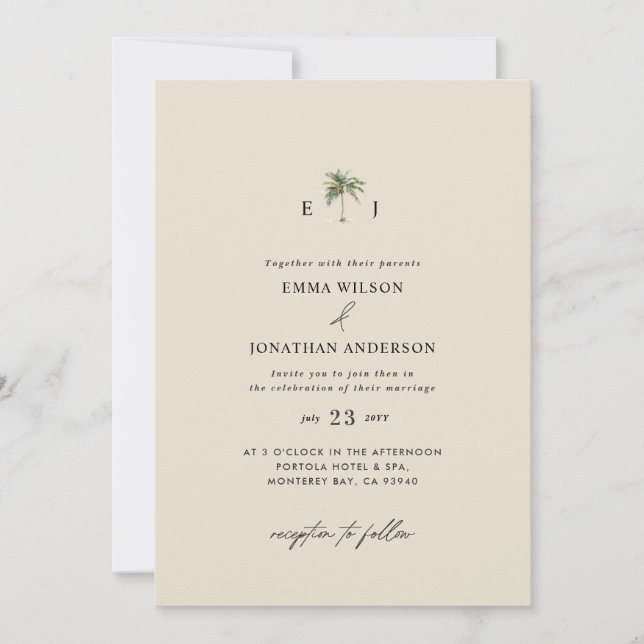 Invitation Aquarelle Palmier Destination mariage côtier (Devant)