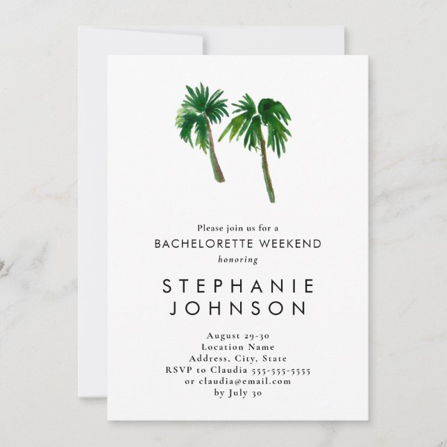 Invitation Aquarelle Palmiers tropicaux Bachelorette (Devant)