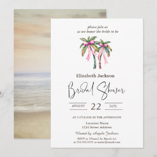 Invitation Aquarelle Palms Pink Bow Beach Fête des mariées