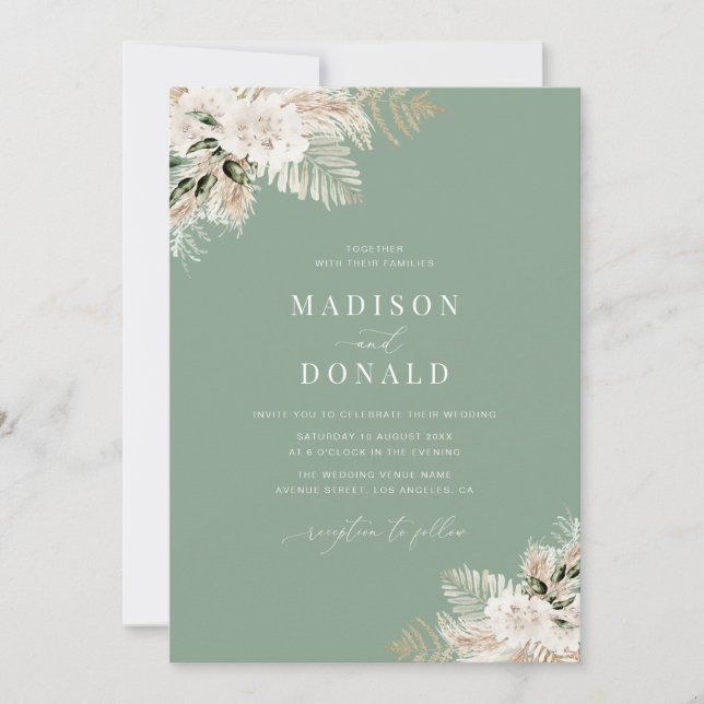 Invitation aquarelle pampas herbe sauge vert mariage (Devant)