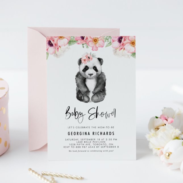 Invitation Aquarelle Panda rose Anémones Baby shower fille (Créateur téléchargé)