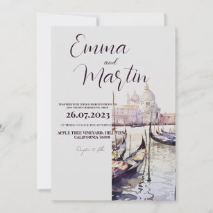 Invitation Aquarelle Panorama Venise Calligraphie Mariage