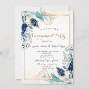 Invitation Aquarelle Paon Floral Bleu Foncé Engagement