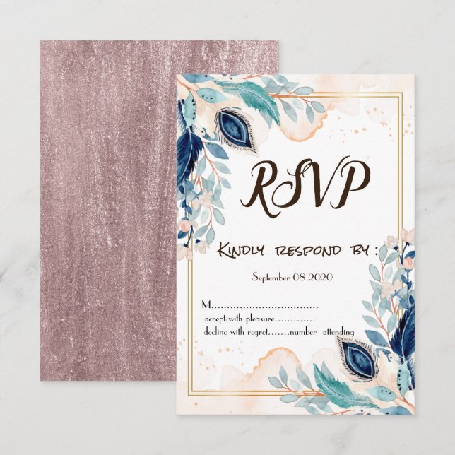 Invitation Aquarelle Paon Floral RSVP (Devant / Derrière)