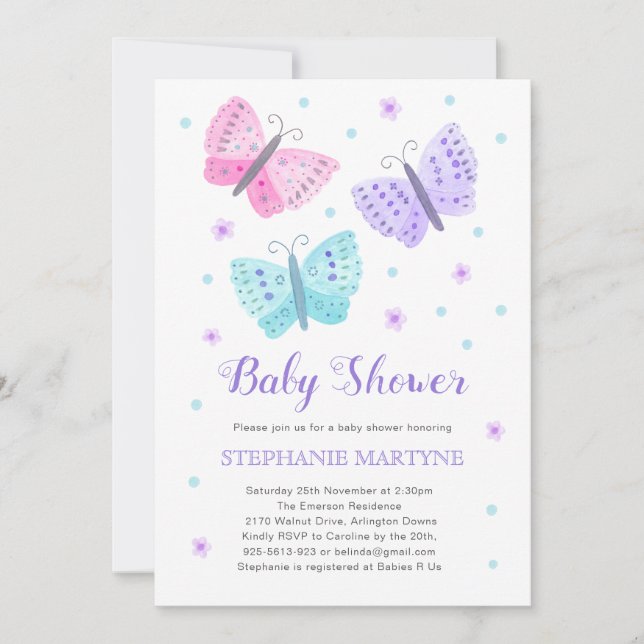 Invitation Aquarelle papillon Baby shower Aqua violet (Devant)