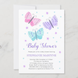 Invitation Aquarelle papillon Baby shower Aqua violet