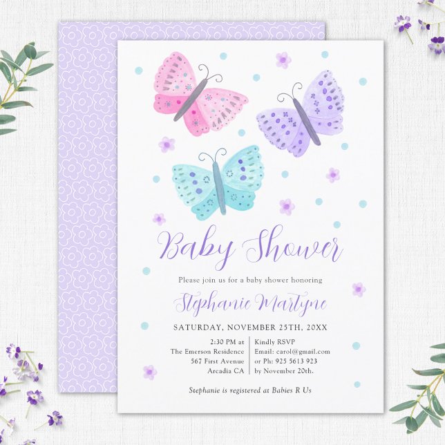 Invitation Aquarelle papillon Baby shower Aqua violet (Créateur téléchargé)