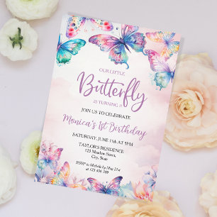 Invitation Aquarelle Papillon Bébé fille 1er anniversaire