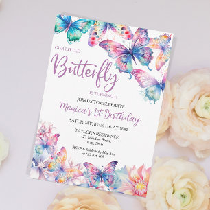 Invitation Aquarelle Papillon Bébé fille 1er anniversaire