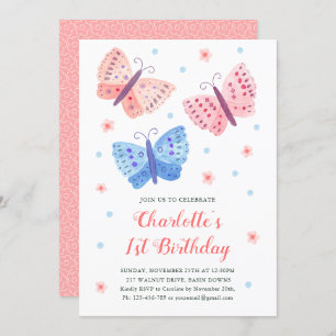 Invitation Aquarelle Papillon Fleurs Fille 1er anniversaire