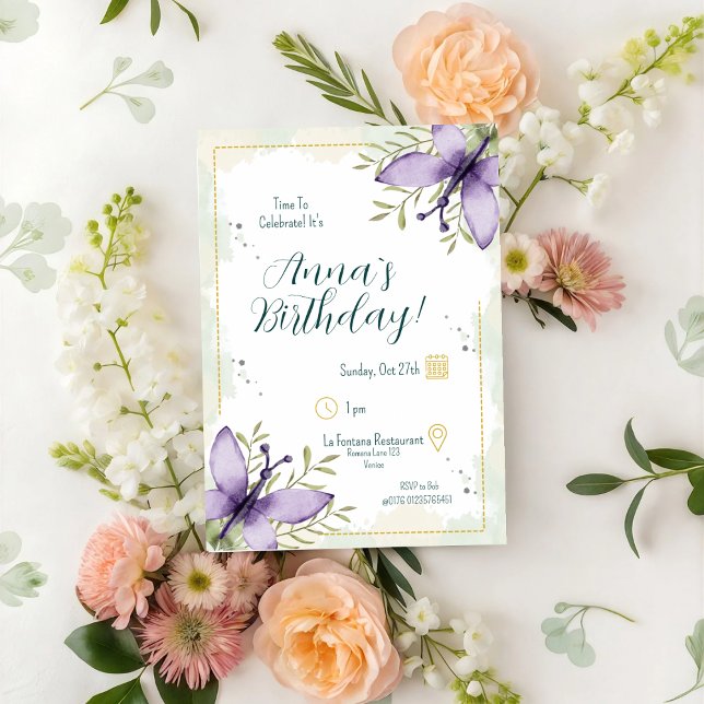 Invitation Aquarelle papillon Lilac Anniversaire (Créateur téléchargé)