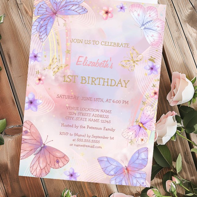 Invitation Aquarelle Papillon Lilas Doré Anniversaire Arc-en- (Créateur téléchargé)