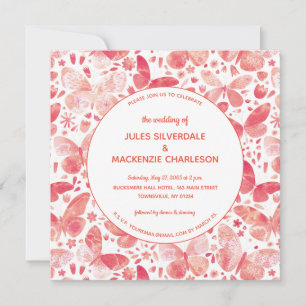 Invitation Aquarelle papillon moderne Coral Mariage rose