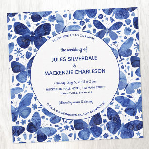 Invitation Aquarelle papillon moderne Indigo Mariage bleu