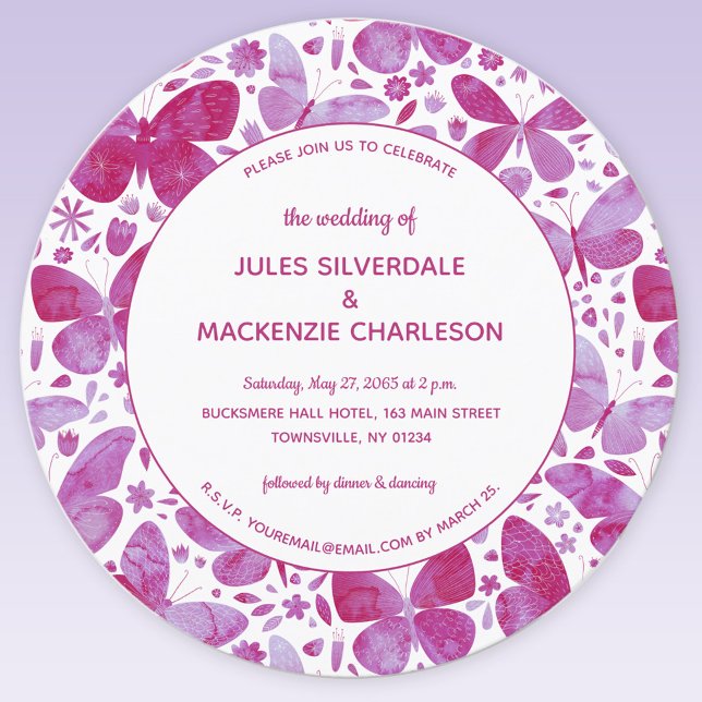 Invitation Aquarelle papillon moderne Magenta Mariage rose (Pink watercolor butterfly wedding invitation)