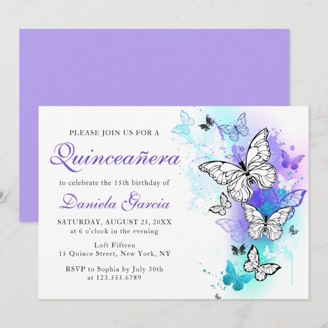 Invitation Aquarelle Papillon pourpre Turquoise Quinceañera (Devant / Derrière)