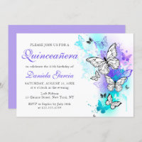 Aquarelle Papillon pourpre Turquoise Quinceañera