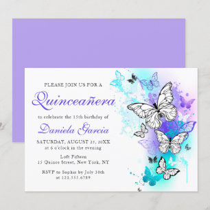 Invitation Aquarelle Papillon pourpre Turquoise Quinceañera